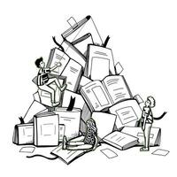 people climb the mountain from the books. cute graphic flat modern illustration about the difficulty of studying in school, college or university. black and white hand drawn sketch. vector