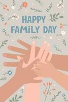 Happy family day card. Hands of parents and children one on another. Family support. Flat vector illustration.