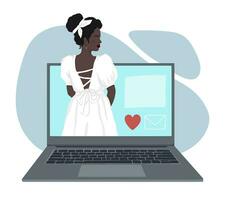 un sin rostro negro mujer en un blanco vestir soportes en un ordenador portátil monitor. vector plano ilustración para Fechado sitio, en línea tener una cita. aislado en capas, allí es un sitio para el texto.