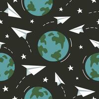 Seamless pattern of earth planets and paper planes. Simple vector illustration.