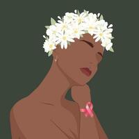 Beautiful black girl in a wreath of flowers with a pink ribbon on her hand. Support for World Breast Cancer Awareness Month in October. Vector illustration.