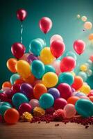 Bunch of bright balloons and space for text against color background. AI generated photo