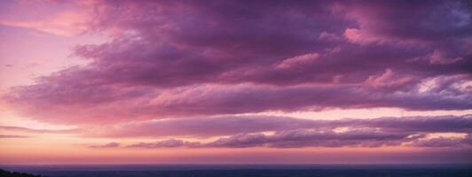 panorámico ver de un rosado y púrpura cielo a puesta de sol. cielo panorama fondo.. ai generado foto