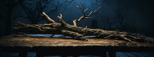 Old wood table and silhouette dead tree at night for Halloween background.. AI generated photo