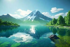 Volcanic mountain in morning light reflected in calm waters of lake.. AI generated photo