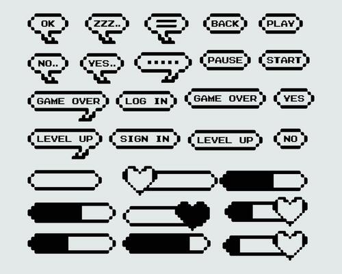 Game props collection set pixel monochrome speech bubble dialog chat 8 bit computer old UI style graphic icon editable