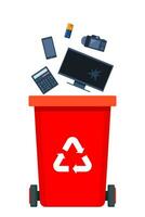 Garbage sorting set. Red Bin with recycling symbol for e-waste. Vector illustration for zero waste, environment protection concept.