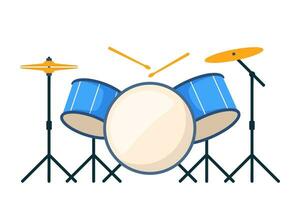 Drum kit. Percussion musical instrument. Red drums, stick and cymbal. Flat style vector illustration.