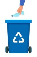 Hand throws crumpled plastic bottle into the blue Bin with recycling symbol for plastic waste. Garbage sorting. Vector illustration for zero waste, environment protection concept.