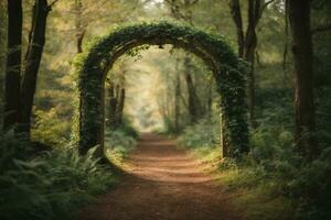 Natural archway shaped by branches in the forest. AI generated photo