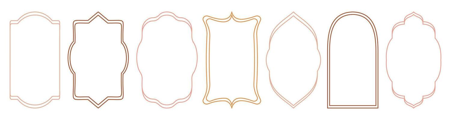 Set of trendy minimalist aesthetic linear frames. Shape Islamic window set. Arabic arch collection isolated on white background.