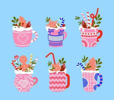 Set of New Year's drinks in flat style with ornament. Vector illustration of pink cups with cocoa, gingerbread and other sweets.