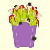 French fries with blood and maggots for Halloween. Fast food vector illustration in retro cartoon style.