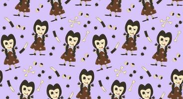 Colorful seamless background for Halloween. Pattern with a scary vampire doll in retro cartoon style. Trendy, modern, festive background. vector