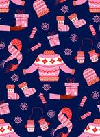 Winter seamless pattern. Vector background of winter accessories in flat style. Sweater, gloves, socks and other elements are pink with ornaments.