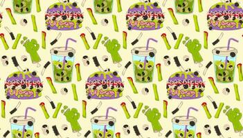 Colorful Halloween pattern in retro cartoon style. Fast food in zombie style, burger with eyes and blood, soda with eyes and maggots. Modern background. vector