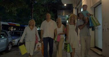 Family carrying shopping bags in the street with stores video
