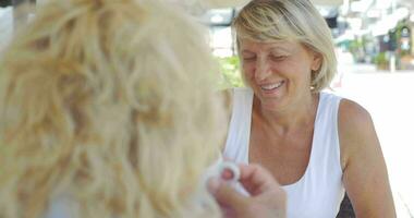 Mature women friends having drinks and talking in outdoor cafe video