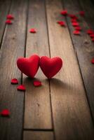 Valentines day background with red hearts on wooden background. AI generated photo