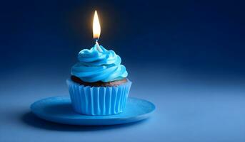 Birthday Cupcake With Candle on blue background. AI Generative photo