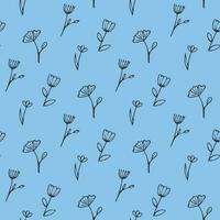Seamless pattern, hand drawn flowers on a blue background, flat vector, scandinavian pattern vector