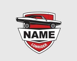 Low rider car vector label. American muscle vintage lowrider.
