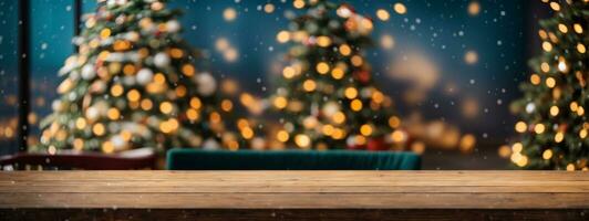 Empty woooden table top with abstract warm living room decor with christmas tree string light blur background with snow,Holiday backdrop,Mock up banner for display of advertise product.. AI generated photo