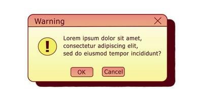 Warning dialog box. Retro PC user interface aestetic. 80s 90s old computer user interface element and vintage aesthetic icon. vector