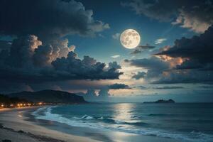 romantic and scenic panorama with full moon on sea to night. AI generated photo