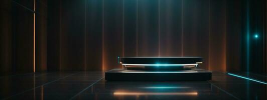 Futuristic dark podium with light and reflection background. AI generated photo