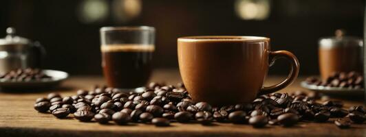 Cup coffee beans wooden. AI generated photo