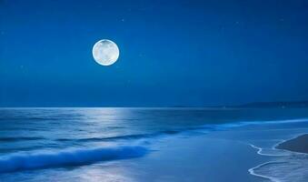 paisaje Disparo de playa mar con lleno Luna reflexión. ai generativo foto