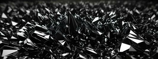 3d render, abstract black crystal background, faceted texture, macro panorama, wide panoramic polygonal wallpaper. AI generated photo