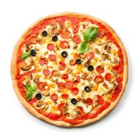Tasty top view pizza, italian traditional round pizza on white background. AI Generative photo