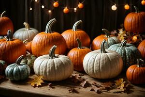 colección de hecho a mano yeso calabazas bandera para otoño estacional Días festivos antecedentes. bricolaje arte calabazas para helloween, acción de gracias, otoño decoración. ai generado foto