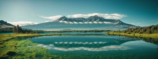 Volcanic mountain in morning light reflected in calm waters of lake.. AI generated photo