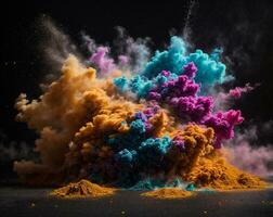 Abstract powder splatted background. Colorful powder explosion on white background. Colored cloud. Colorful dust explode. Paint Holi. AI generated photo