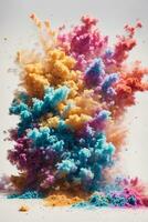 Abstract powder splatted background. Colorful powder explosion on white background. Colored cloud. Colorful dust explode. Paint Holi. AI generated photo