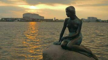 sirena estatua en el Roca en mar a puesta de sol video