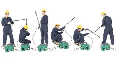 Set of Young man stand and holding high pressure water gun photo