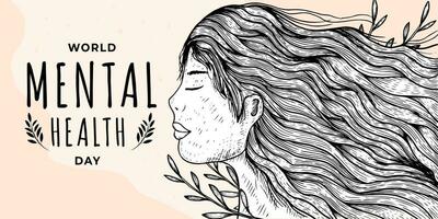 mano dibujado mundo mental salud día horizontal bandera ilustración con mujer y floral vector