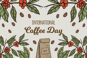 International Coffee Day background illustration with tree of coffee, and a pack of coffee vector