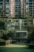 Modern apartment buildings in a green residential area in the city. AI generated photo