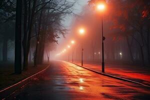 Foggy alley in the city park at night with street lamps, An empty illuminated country asphalt road through the trees and village in a fog on a rainy autumn day, AI Generated photo