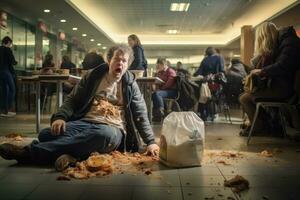Homeless beggar begging for money in Milan. customer in a busy food court in a high-crime area, waiting for their food to be picked up, AI Generated photo