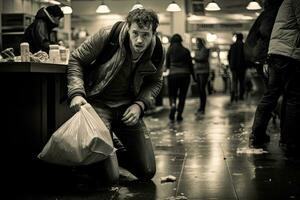 Homeless beggar man sitting in the street, looking for food, customer in a busy food court in a high-crime area, waiting for their food to be picked up, AI Generated photo