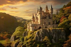 Castle in the mountains at sunset. Fairytale landscape. 3d render, perched upon a magical hill, surrounded by a spectacular array of towering spires and enchanting fairies, AI Generated photo