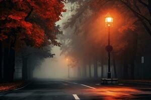 Foggy street lamp in the autumn park. 3d rendering, An empty illuminated country asphalt road through the trees and village in a fog on a rainy autumn day, AI Generated photo