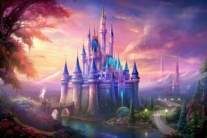 Magic Fairy Tale Princess Castle in the Fantasy Landscape. Digital Painting, perched upon a magical hill, surrounded by a spectacular array of towering spires and enchanting fairies, AI Generated photo