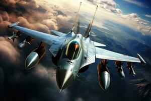 combatiente chorro combatiente en el cielo. 3d hacer ilustración. un F 16 combatiente chorro en el aire, ai generado foto